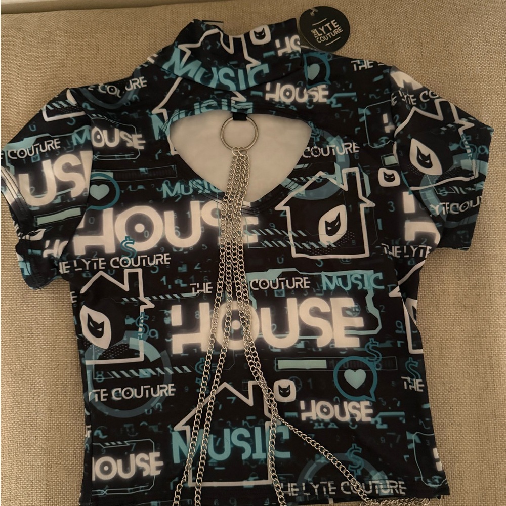 NEW WITH TAGS - Lyte Couture Rave Crop Top with cutout and chains; size XS